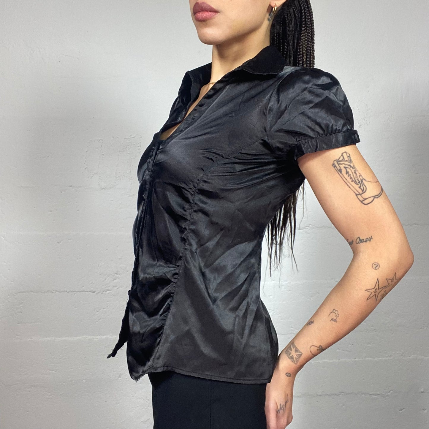 Vintage 90's Office Black Button Up Satin Blouse (S)