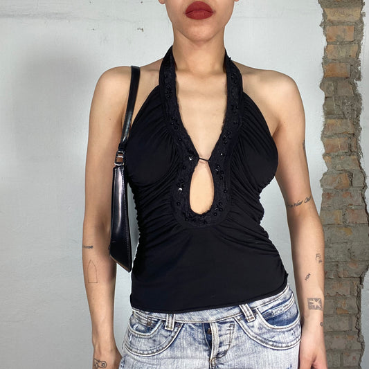 Vintage 90's Coquette Out Black Halter Neck Top with Beaded Neckline (S)