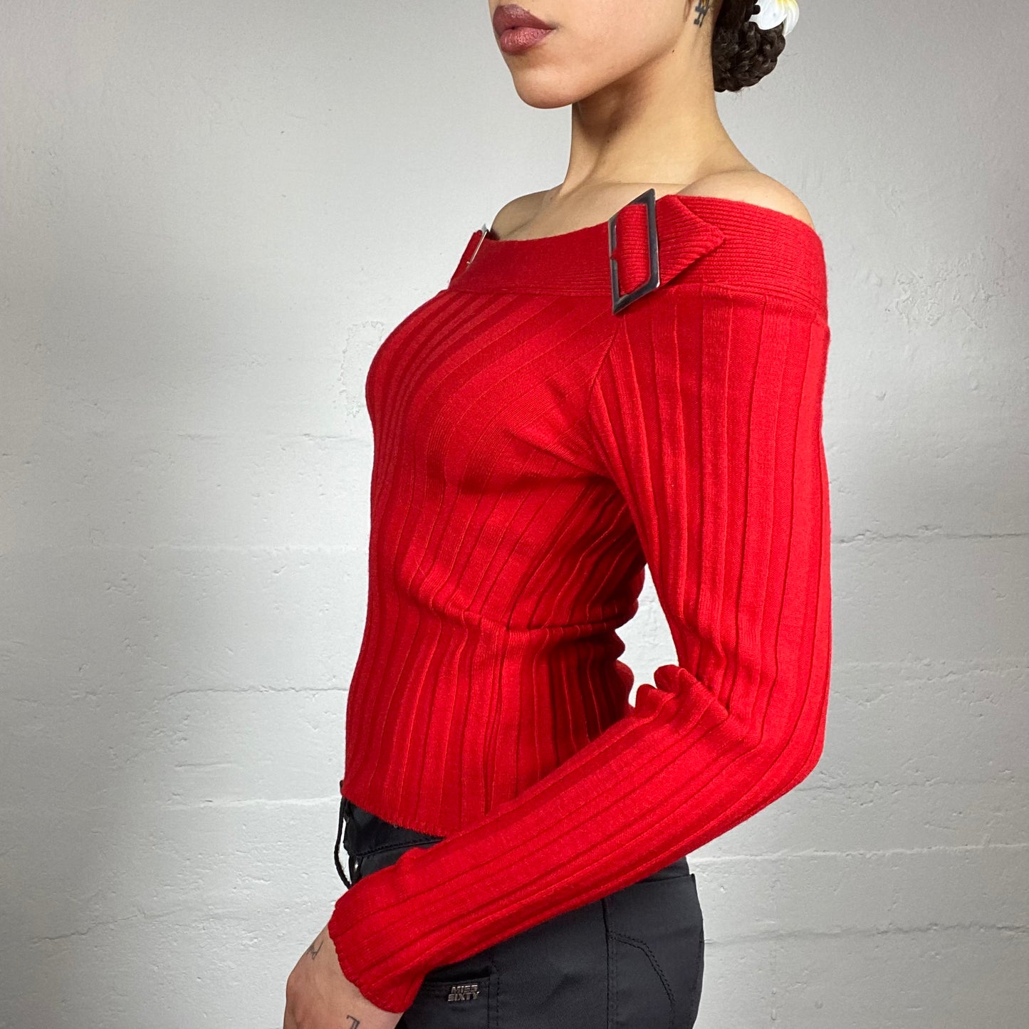 Vintage 2000's Clubwear Red Off Shoulder Top with Buckle and Ribbed Knit Detail (XS)