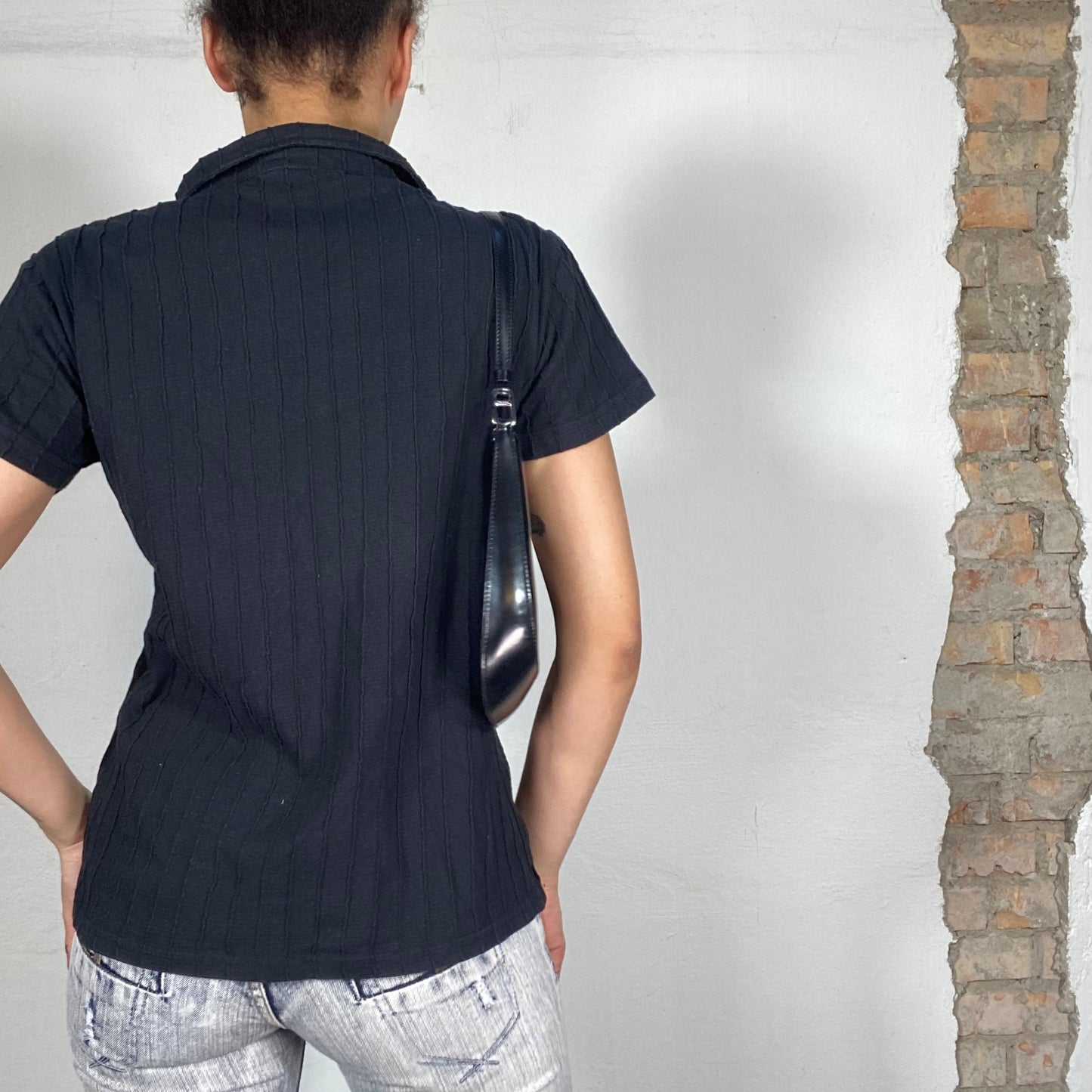 Vintage 90's Streetstyle Black Ribbed Polo Shirt with Grey '$' Print (M)