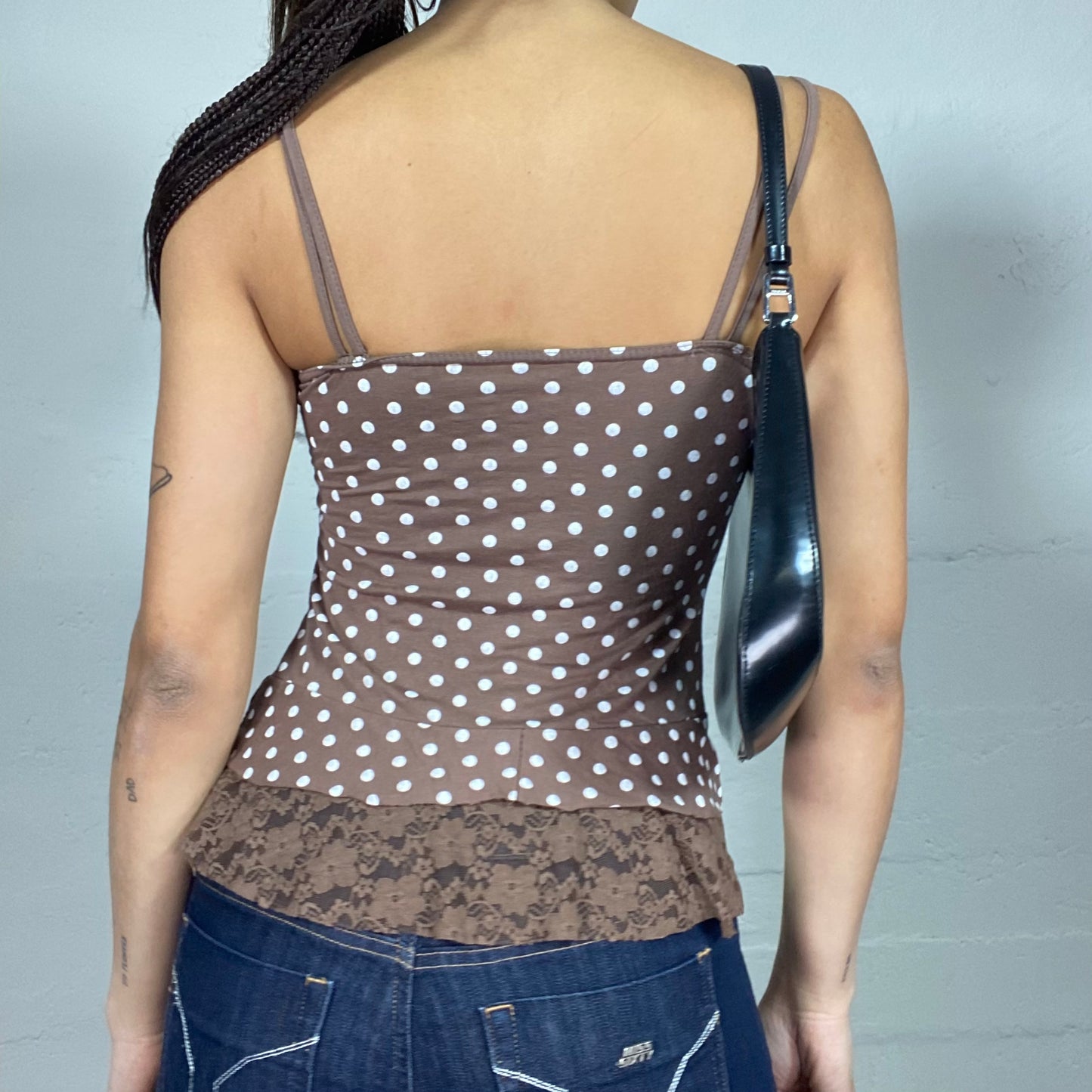Vintage 2000's Soft Girl Brown Top with White Polkadots Print and Lace Detail (S)
