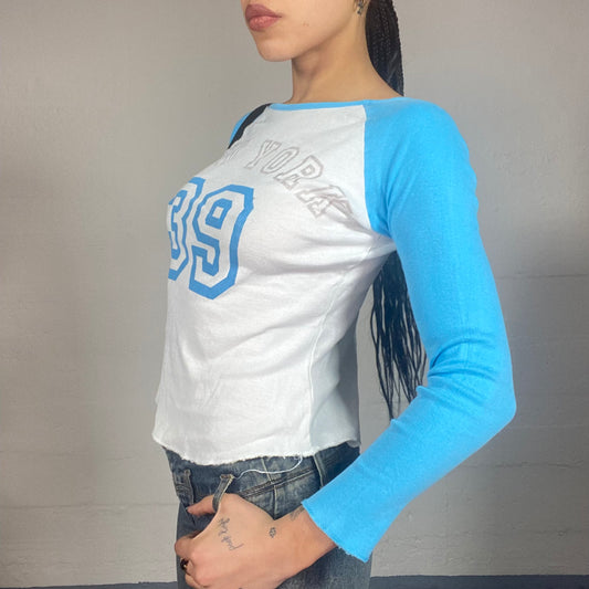 Vintage 2000's Sporty Blue Longsleeve Top with 'New York 39' Text Detail (S)