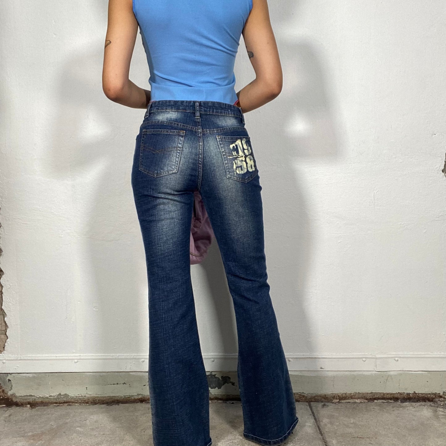 Vintage 2000's Street Style Dark Wash Flared Jeans with White Writing Print (S)