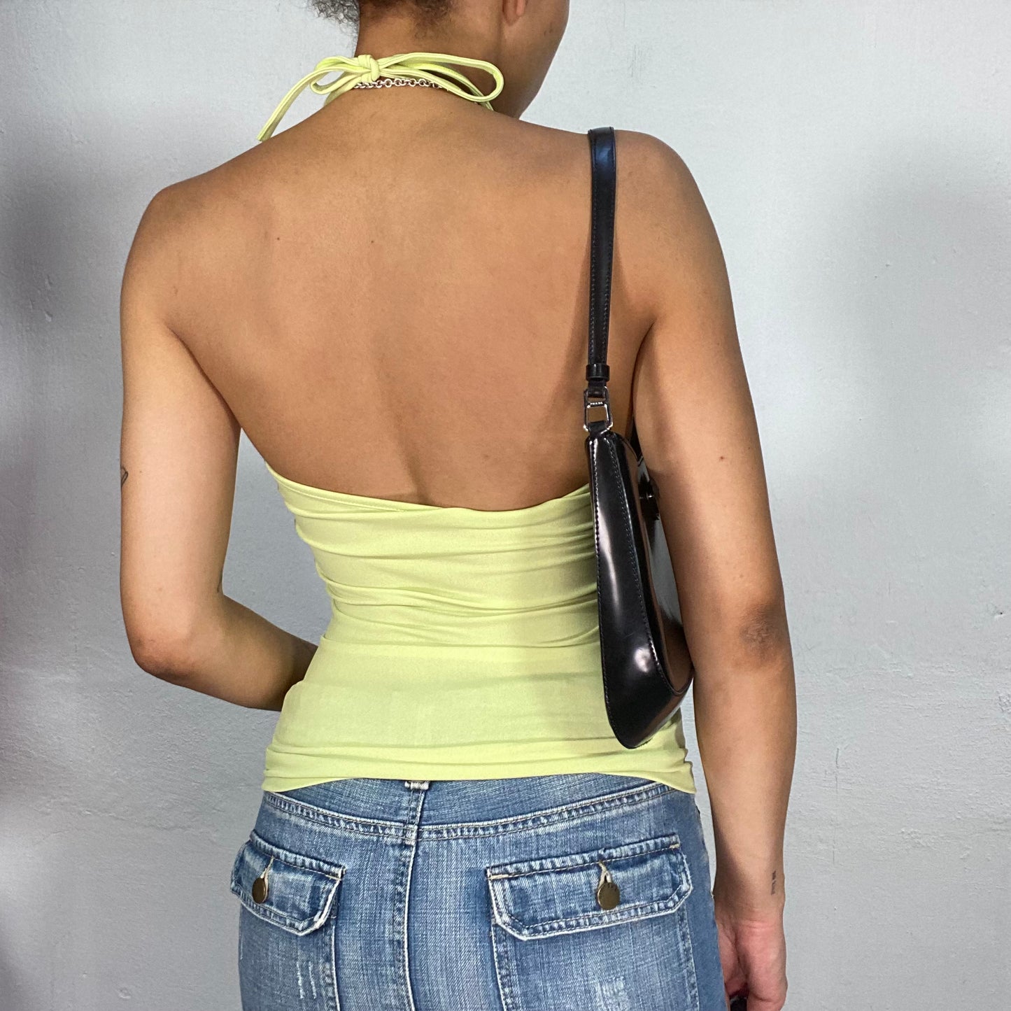 Vintage 2000's Downtown Girl Lime Green Halte Neck Top with Buckle and Scrunch Detail (S)