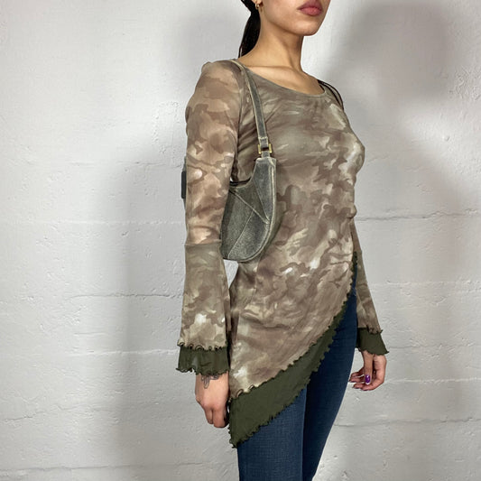 Vintage 2000's Rave Khaki Asymmetric Cut Top with Layered Camo Print Material (S/M)