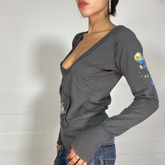 Vintage 2000's Sleaze Grey Open Neck Sweater with Tattoo Design Print (S)