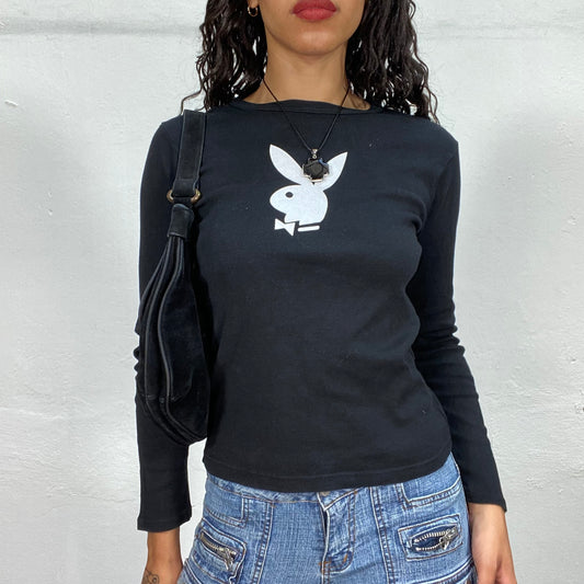 Vintage 2000's Playboy Downtown Girl Black Longsleeve Top with White Logo Print (S)