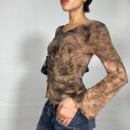 Vintage 2000's Fairy Brown Tie Dye Longsleeve Top with Ruched Central Seam Detail (S/M)
