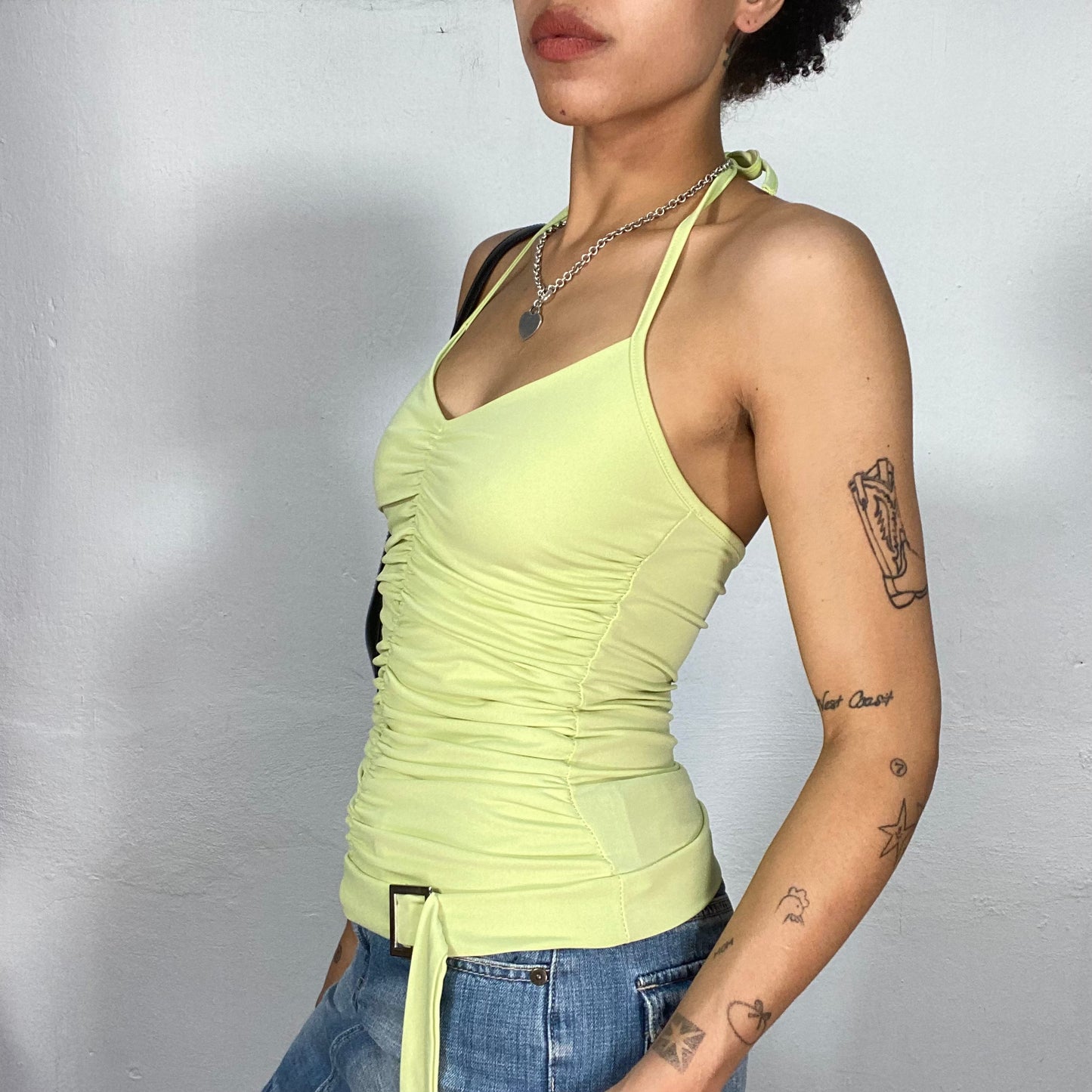 Vintage 2000's Downtown Girl Lime Green Halte Neck Top with Buckle and Scrunch Detail (S)