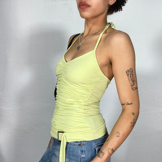 Vintage 2000's Downtown Girl Lime Green Halte Neck Top with Buckle and Scrunch Detail (S)