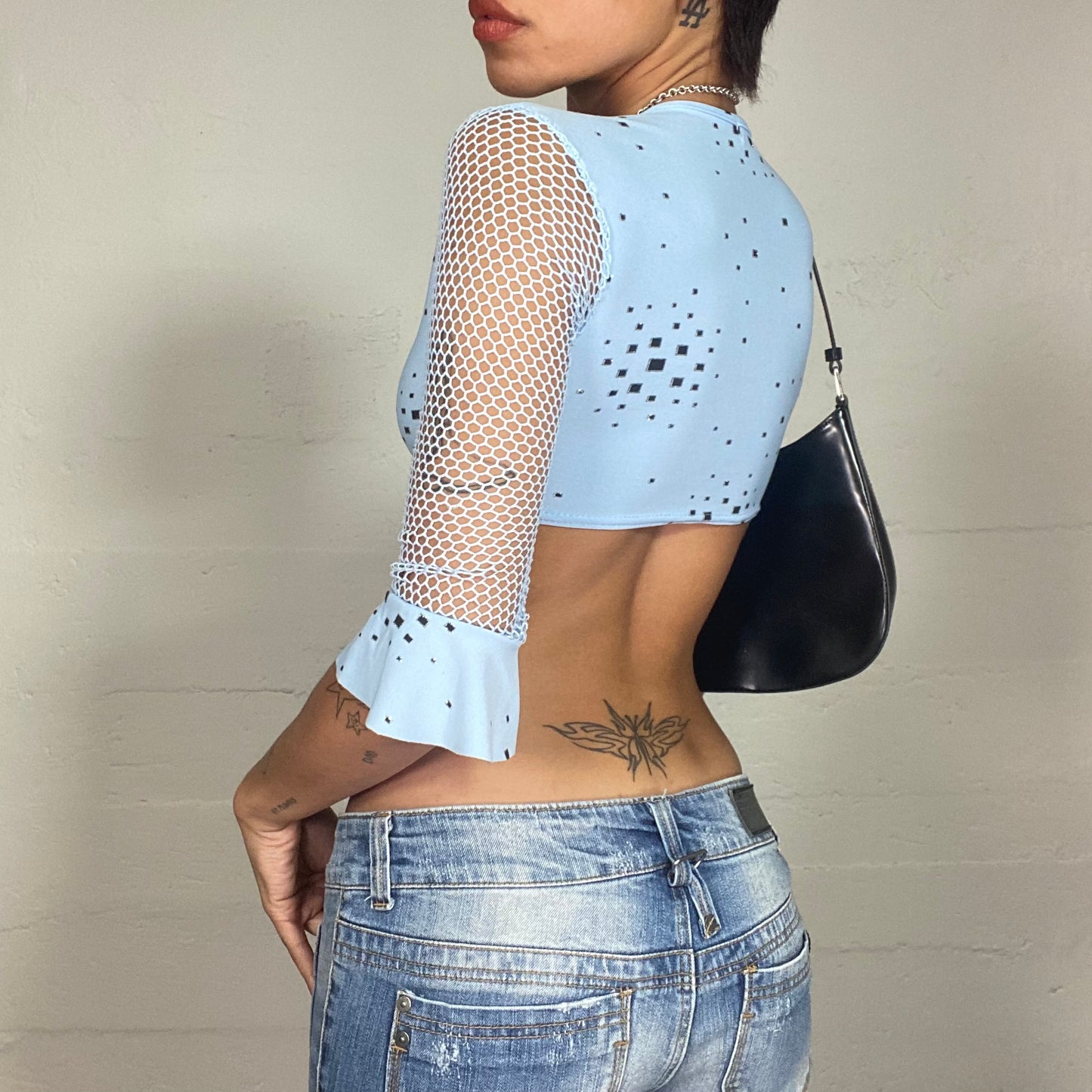 Vintage 2000's Festival Baby Blue Crop Top with Flared Fishnet Sleeves Detail (S)