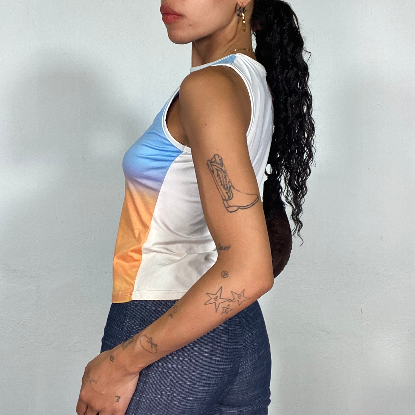 Vintage 2000's Summer Blue and Orange Top with Sunrise and Central Drops Print (S)