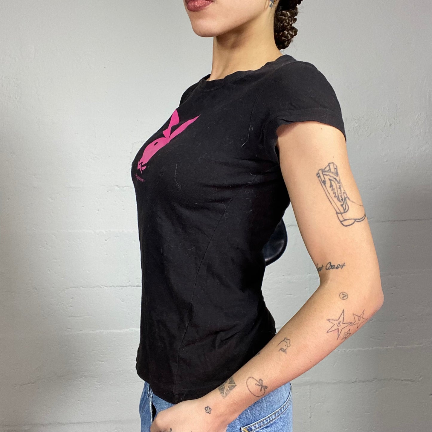 Vintage 2000's Playboy Black Top with Pink Brand Print Detail (S)