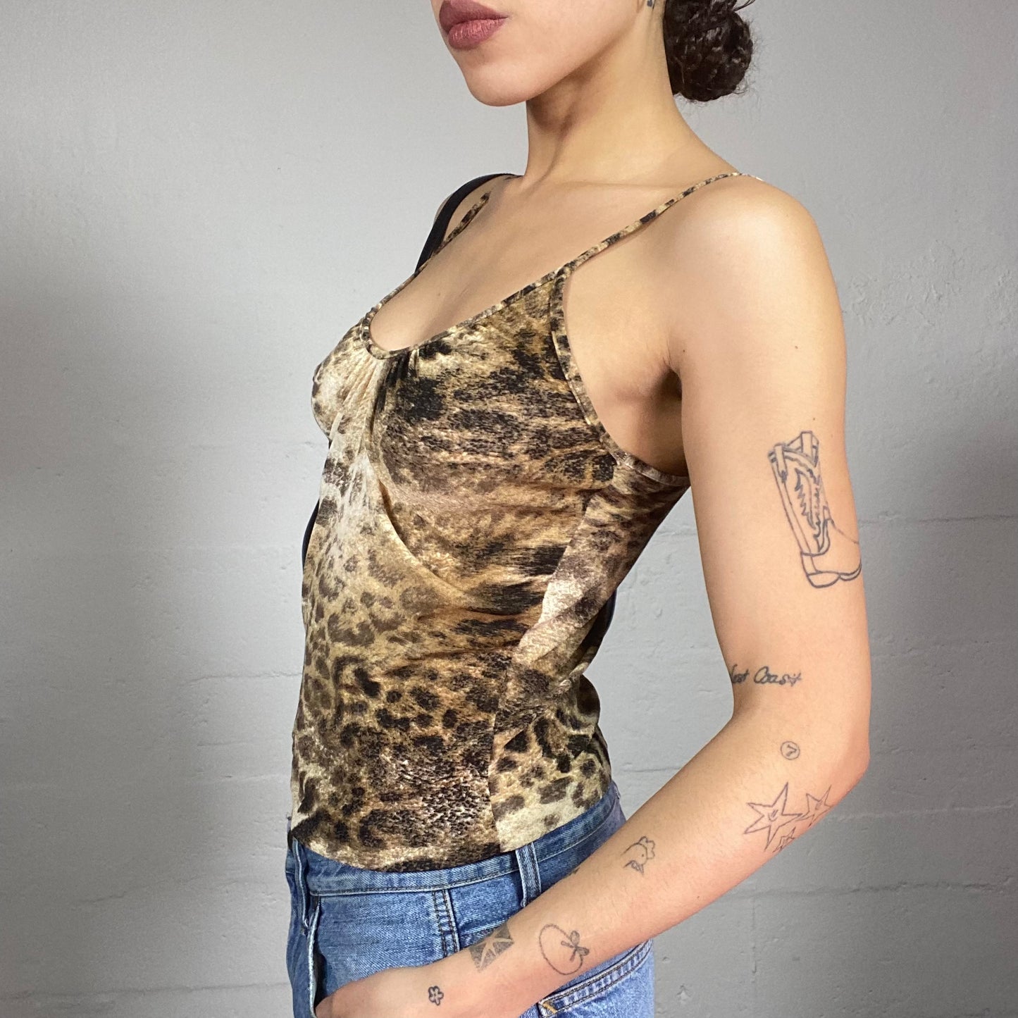 Vintage 90's Mob Wife Brown Top with Cheetah Print (S/M)