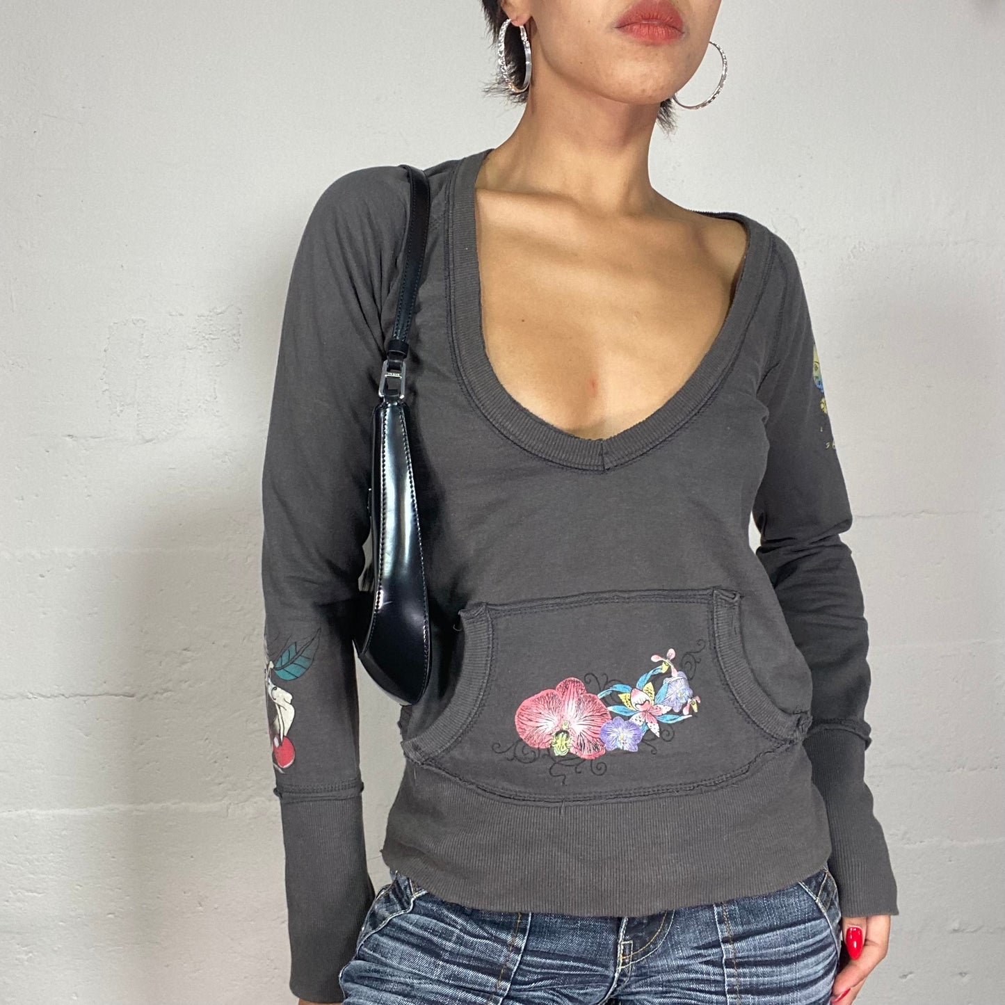 Vintage 2000's Sleaze Grey Open Neck Sweater with Tattoo Design Print (S)