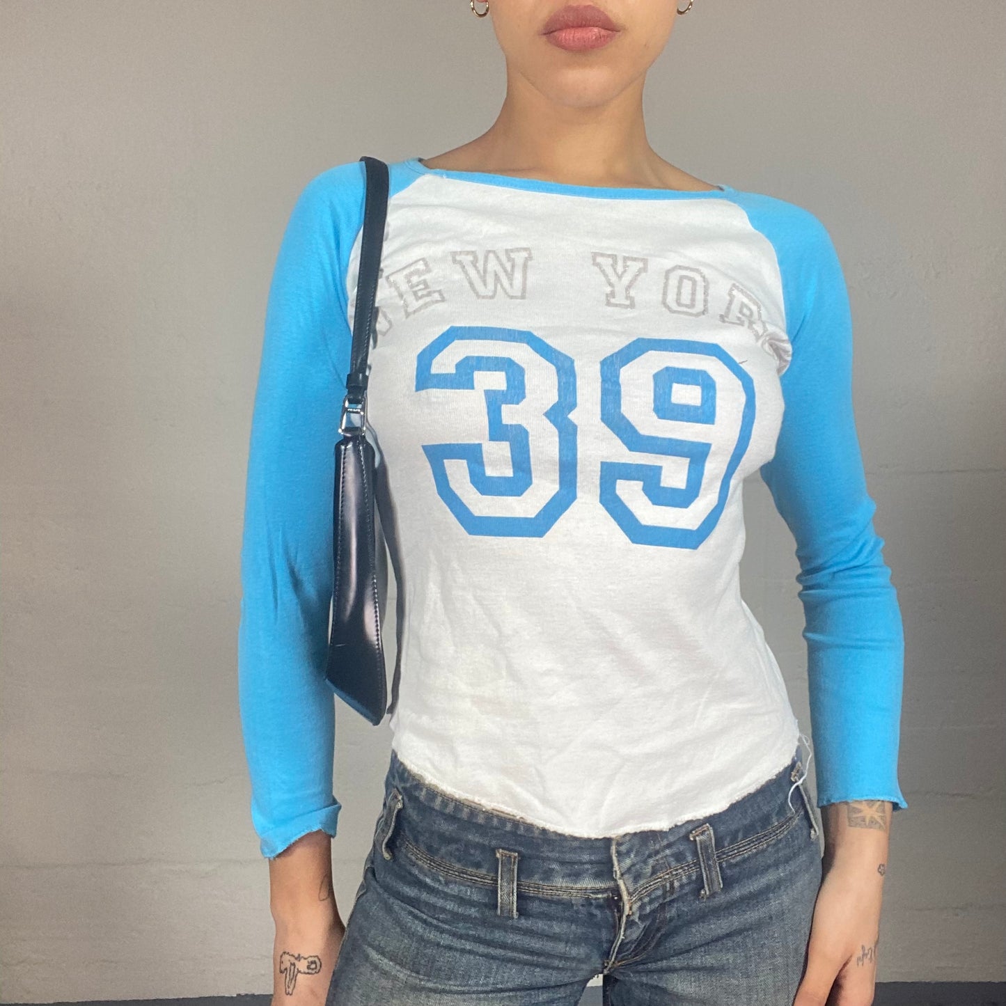 Vintage 2000's Sporty Blue Longsleeve Top with 'New York 39' Text Detail (S)