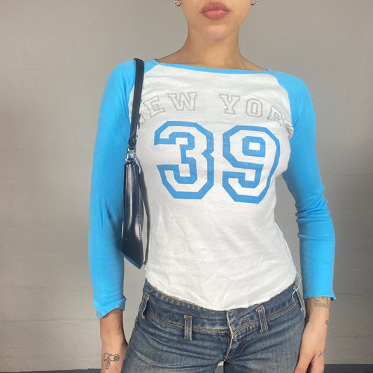Vintage 2000's Sporty Blue Longsleeve Top with 'New York 39' Text Detail (S)
