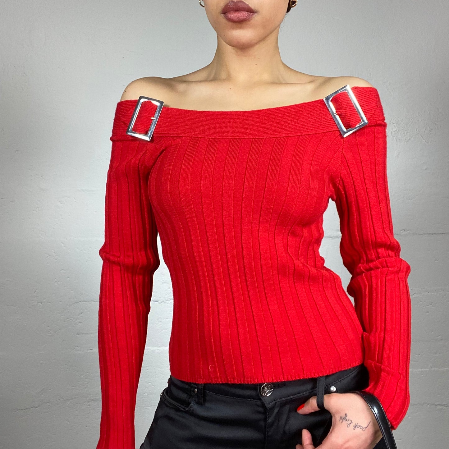 Vintage 2000's Clubwear Red Off Shoulder Top with Buckle and Ribbed Knit Detail (XS)