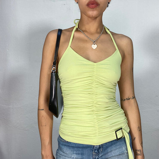 Vintage 2000's Downtown Girl Lime Green Halte Neck Top with Buckle and Scrunch Detail (S)