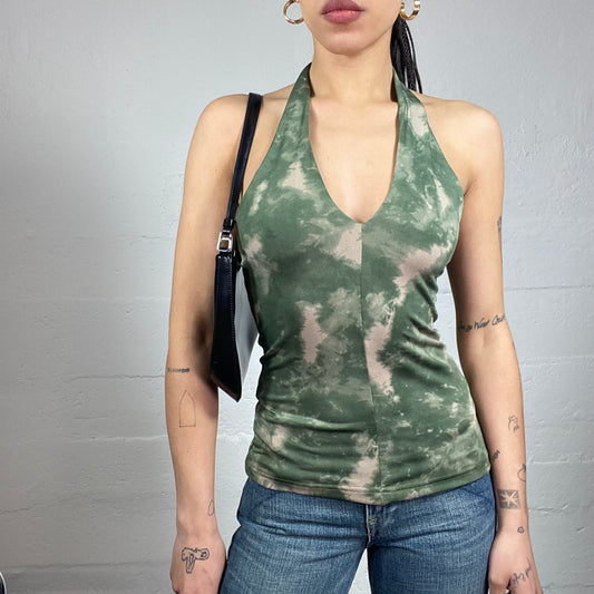 Vintage 2000's Boho Girl Beige and Green Neckholder Top with Tie Dye Print (S/M)
