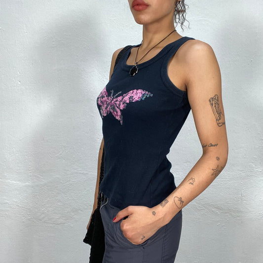 Vintage 2000's Downtown Girl Black Tank Top with Pink Camo and Sequin Butterfly Print (S)