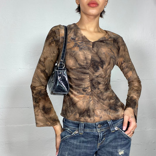 Vintage 2000's Fairy Brown Tie Dye Longsleeve Top with Ruched Central Seam Detail (S/M)