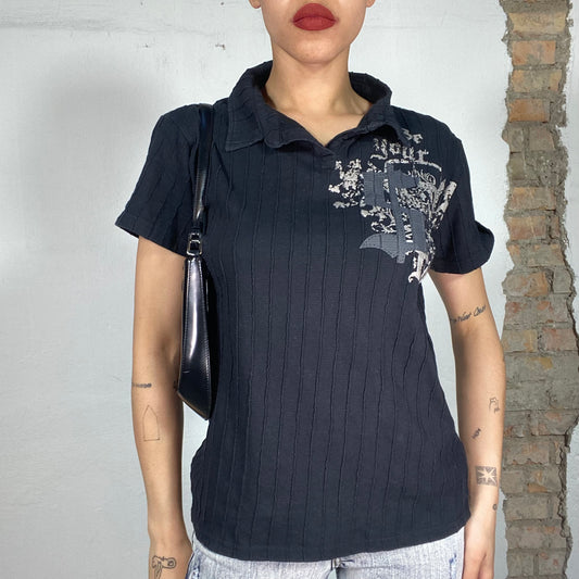 Vintage 90's Streetstyle Black Ribbed Polo Shirt with Grey '$' Print (M)