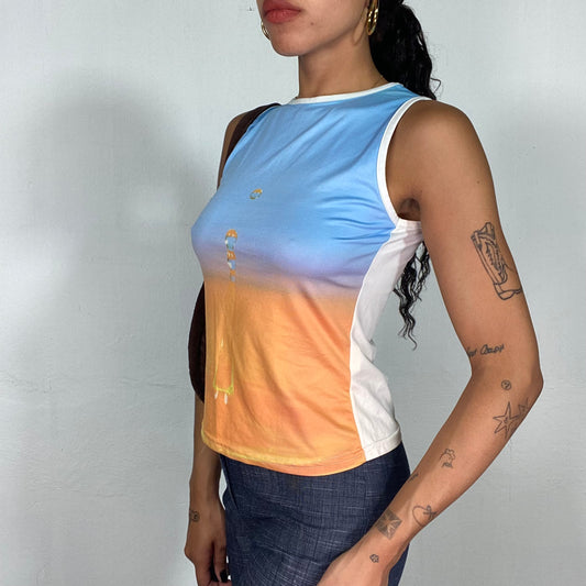 Vintage 2000's Summer Blue and Orange Top with Sunrise and Central Drops Print (S)