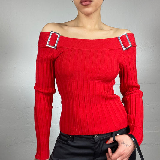 Vintage 2000's Clubwear Red Off Shoulder Top with Buckle and Ribbed Knit Detail (XS)
