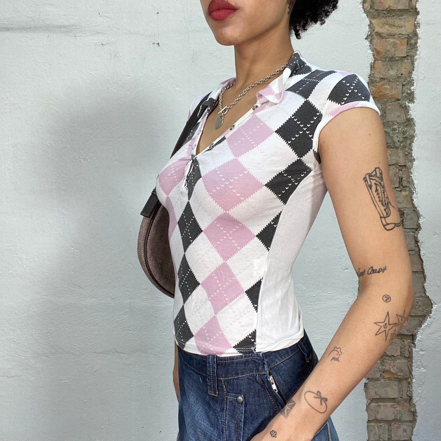 Vintage 90's Babydoll V-Neck Top with Grey and Pink Argyle Print (S)