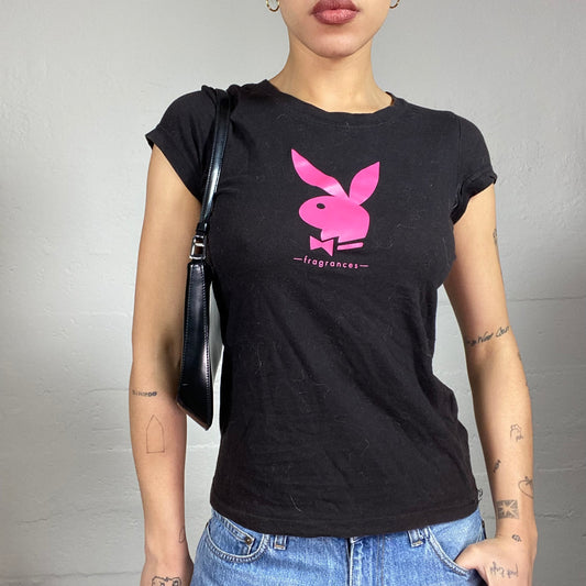 Vintage 2000's Playboy Black Top with Pink Brand Print Detail (S)
