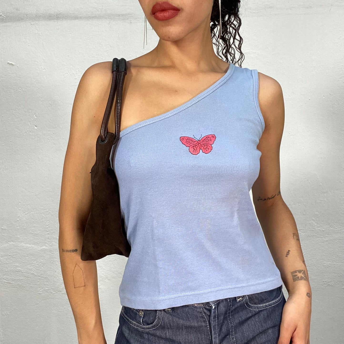 Vintage 2000's Lizzie Mc Guire Blue One Shoulder Top with Embroidered Butterfly Detail (S/M)