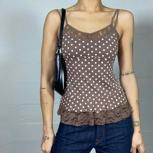 Vintage 2000's Soft Girl Brown Top with White Polkadots Print and Lace Detail (S)