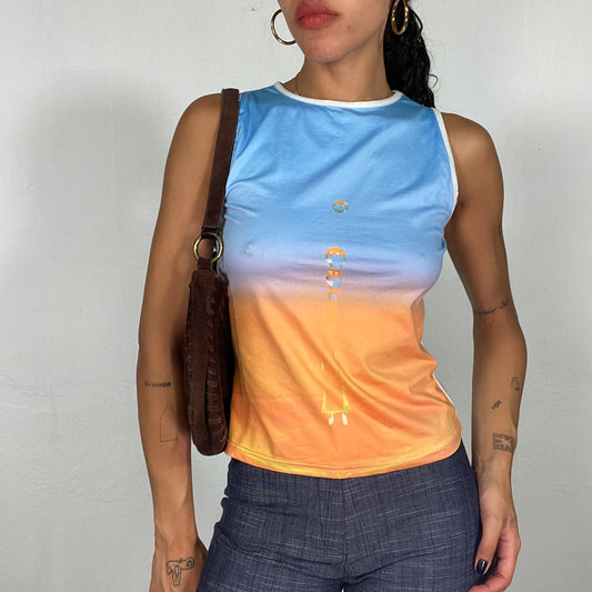 Vintage 2000's Summer Blue and Orange Top with Sunrise and Central Drops Print (S)