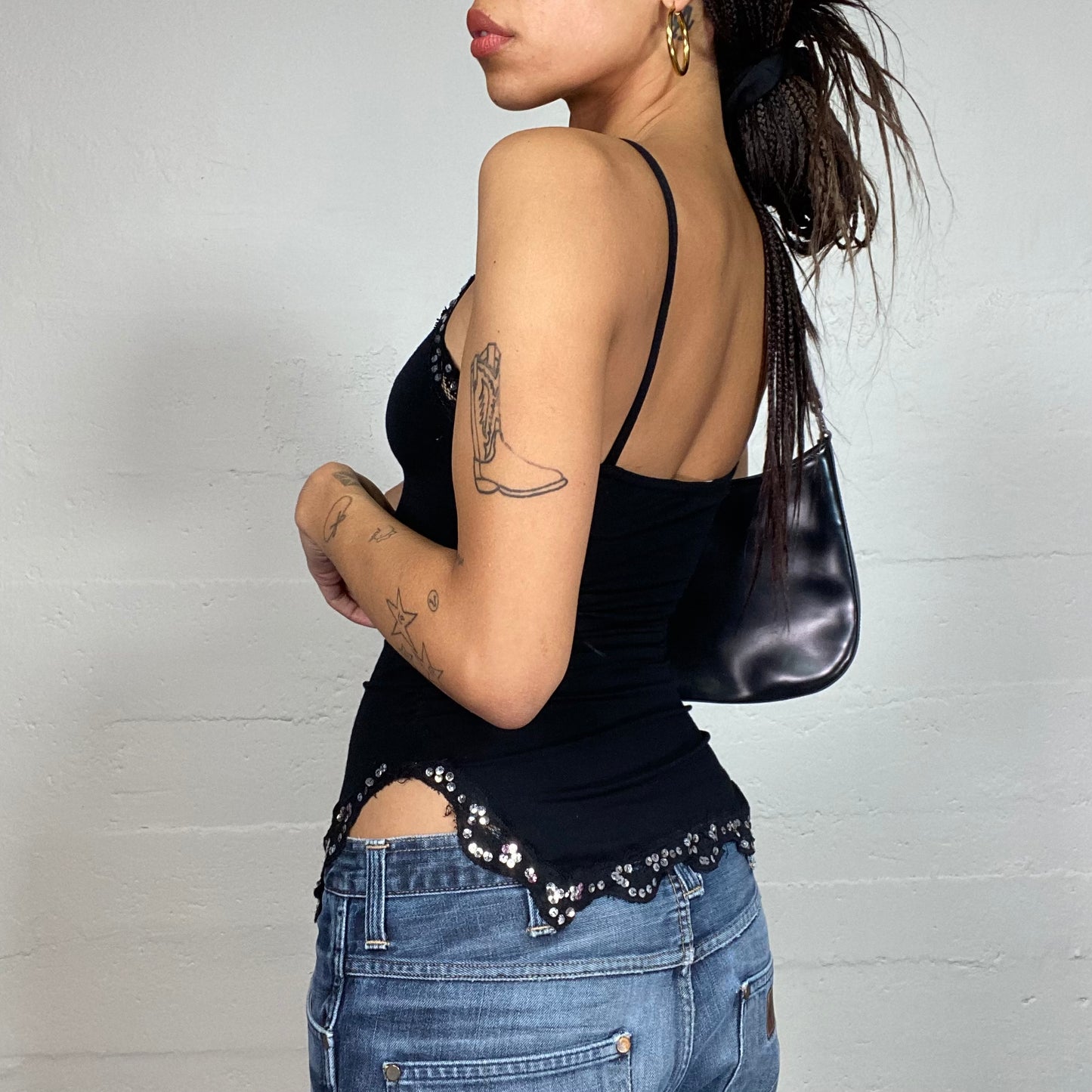 Vintage 2000's Clubwear Black Top with Silver Sequins Belt and Lace Trim Detail (S)