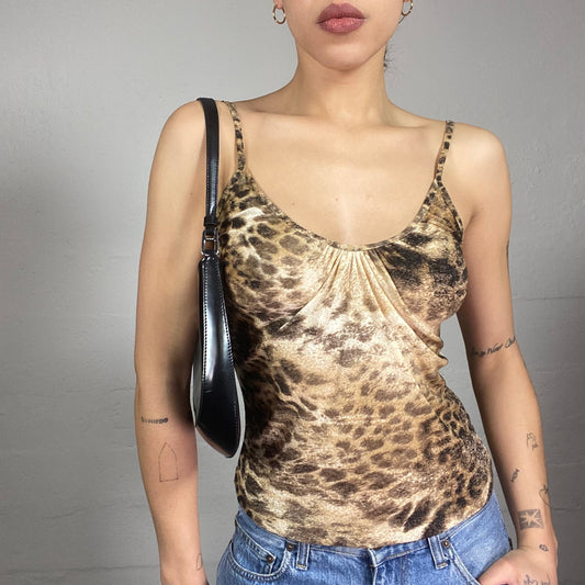 Vintage 90's Mob Wife Brown Top with Cheetah Print (S/M)