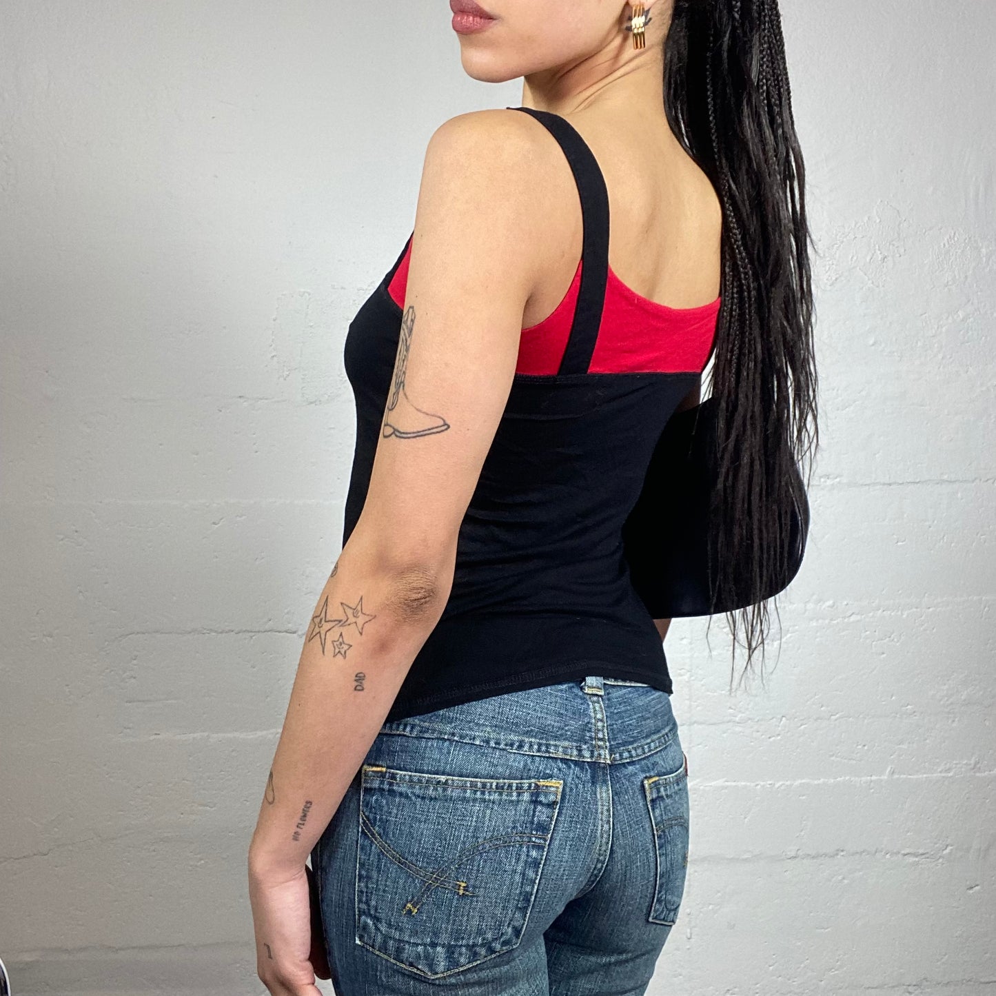 Vintage 2000's Rave Black Layered Top with Red Under Part and Studded Straps Detail (S