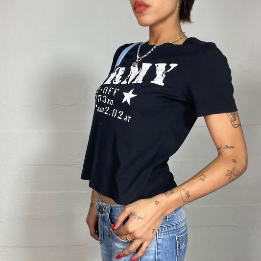 Vintage 2000's Rave Black Top with White Army Print (S/M)