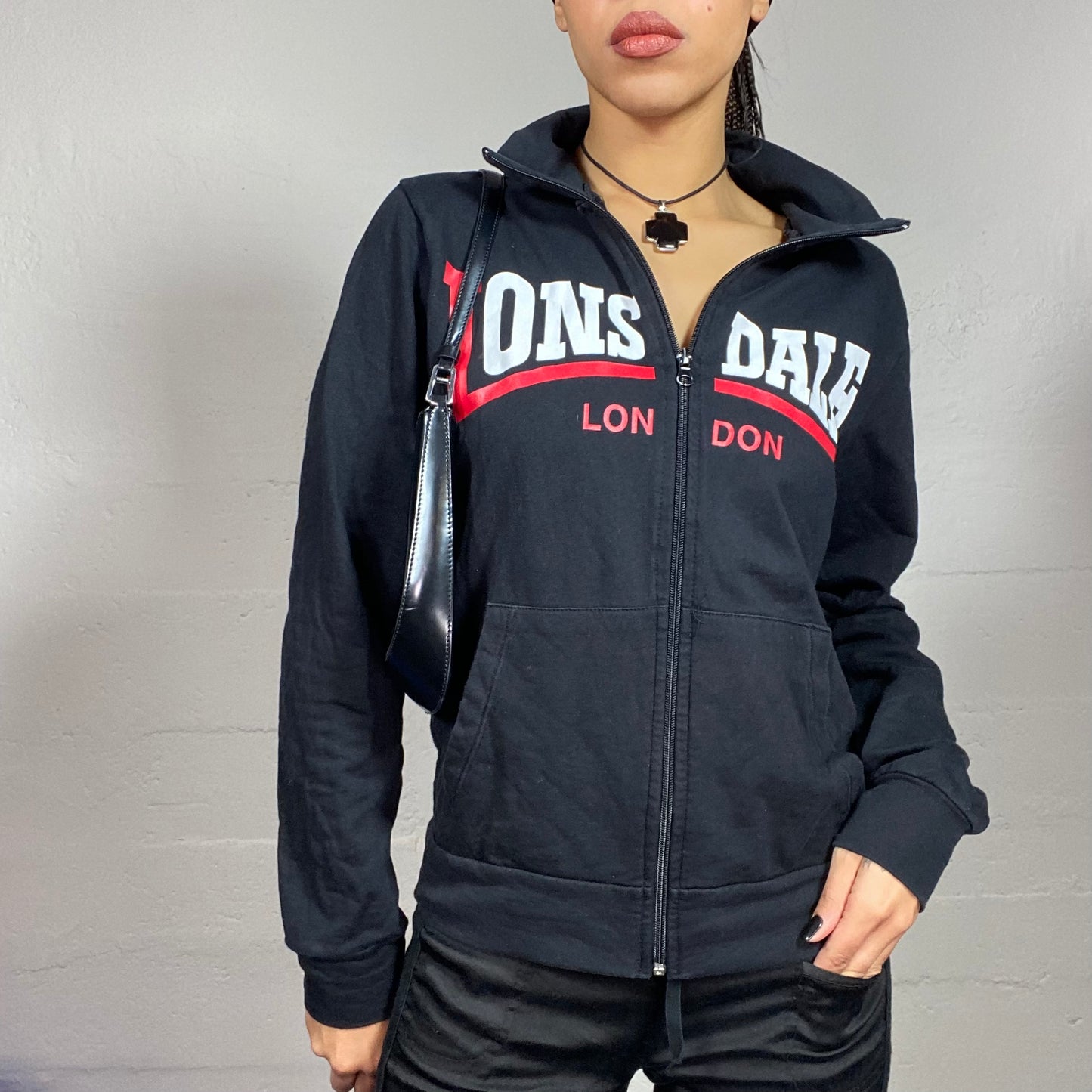 Vintage 2000's Lonsdale Football Core Black and Red Zip Up Hoodie (L)