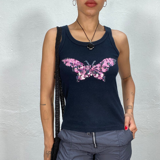 Vintage 2000's Downtown Girl Black Tank Top with Pink Camo and Sequin Butterfly Print (S)