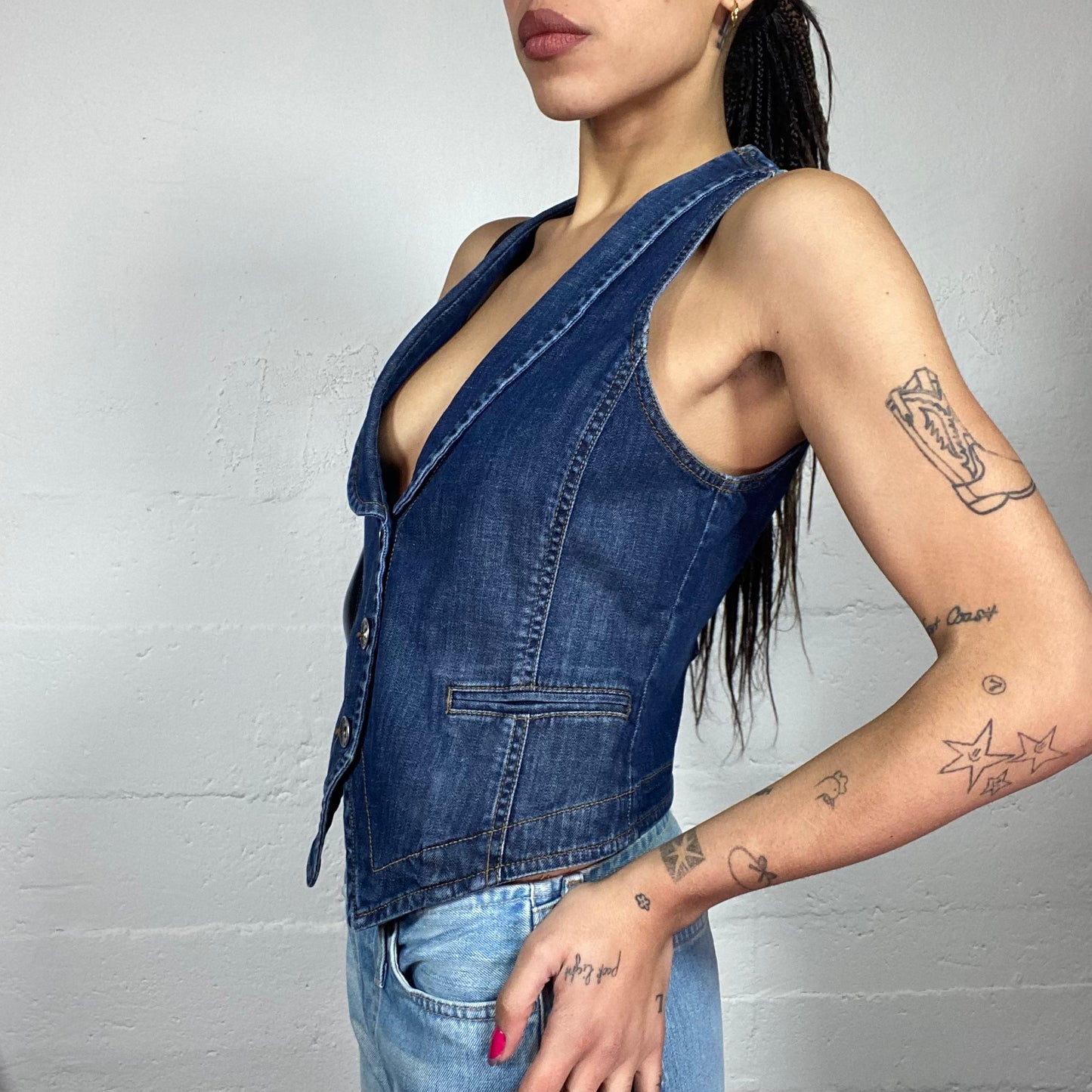 Vintage 90's Downtown Girl Denim Vest Top with Buttons Detail (S)