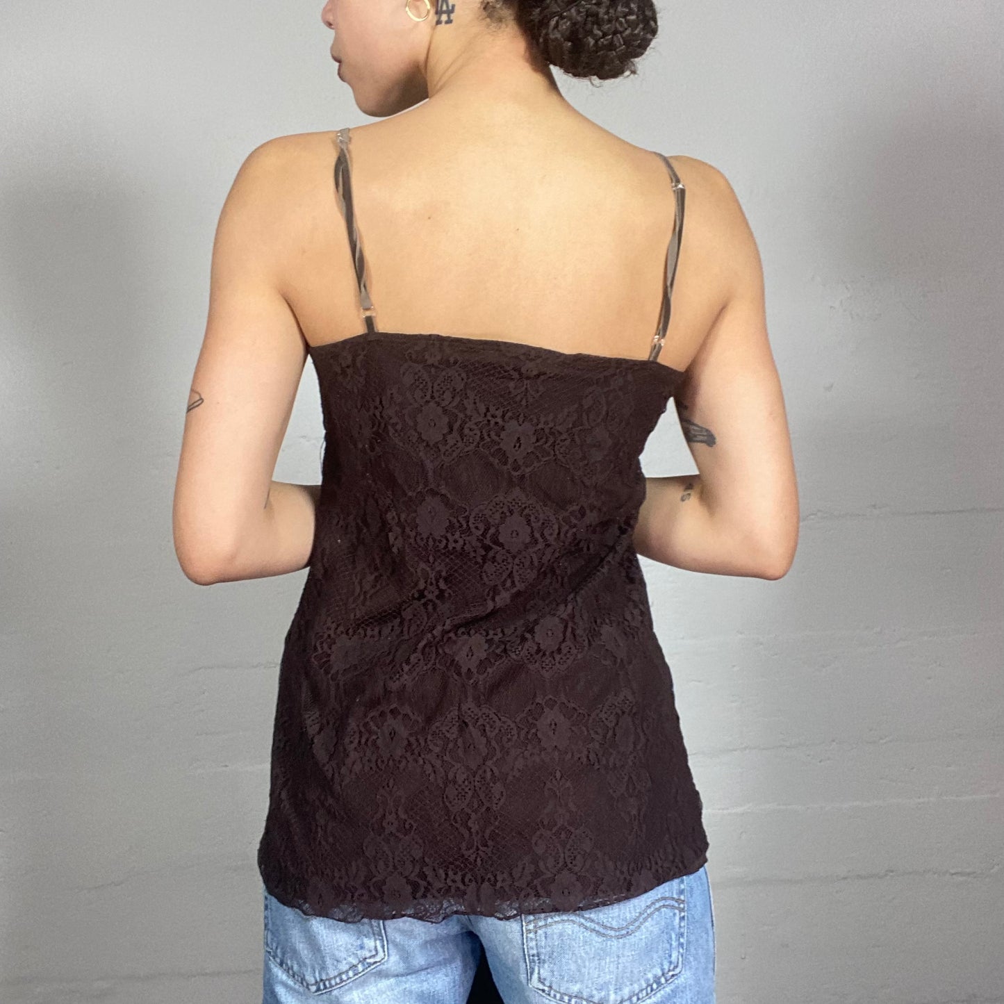 Vintage 90's Boho Brown Top with Lace Covering Material (M)