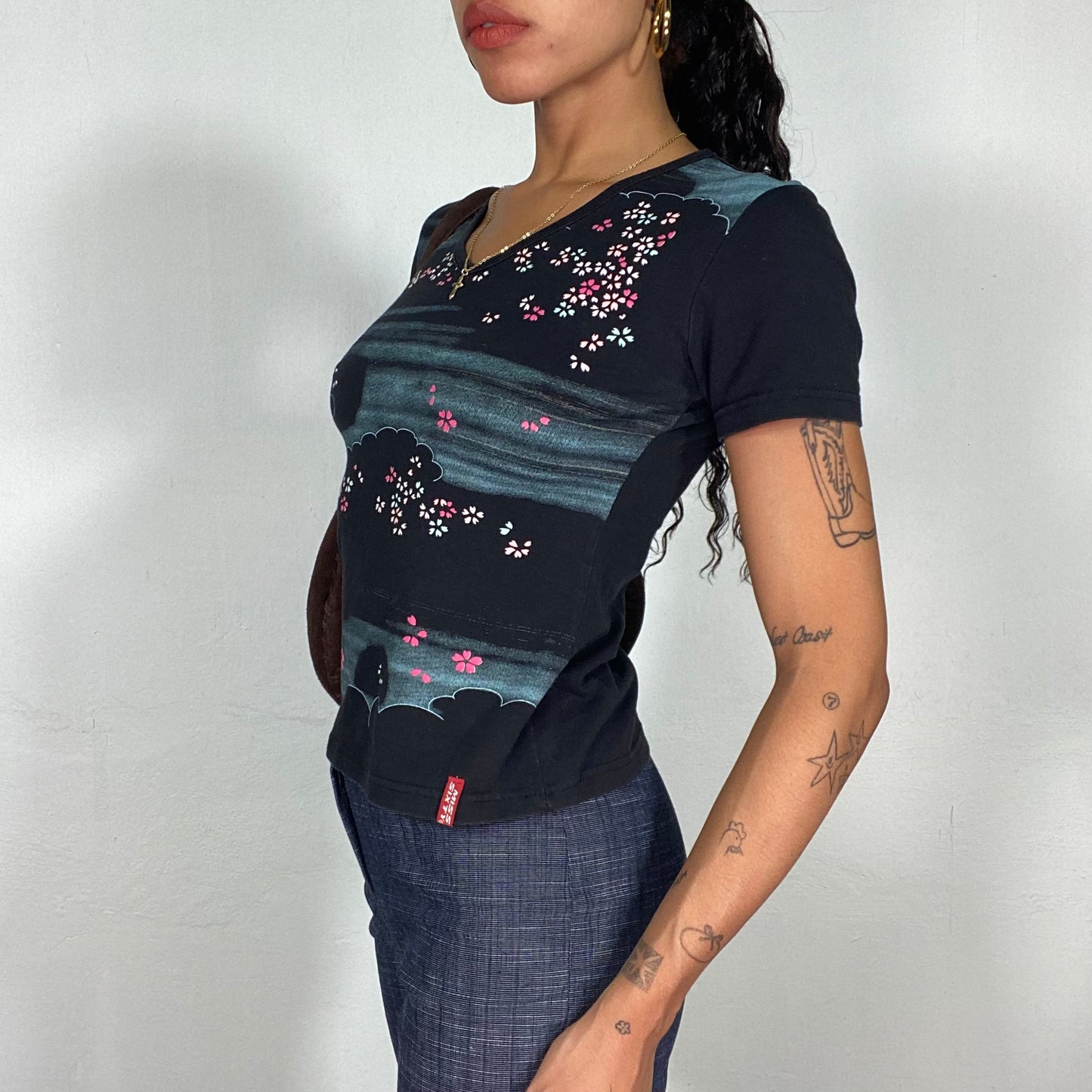 Vintage 90's Miss Sixty Classic Black Top with Blue Clouds and Pink Sakura Print (S)