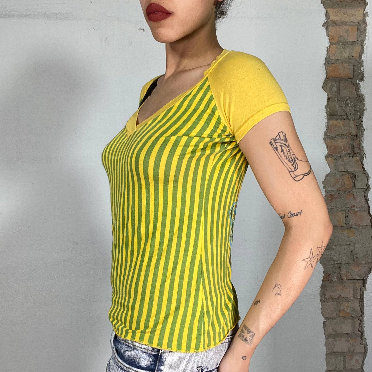 Vintage 2000's Funky Yellow and Green Striped Shirt with Butterfly Back Detail (M)