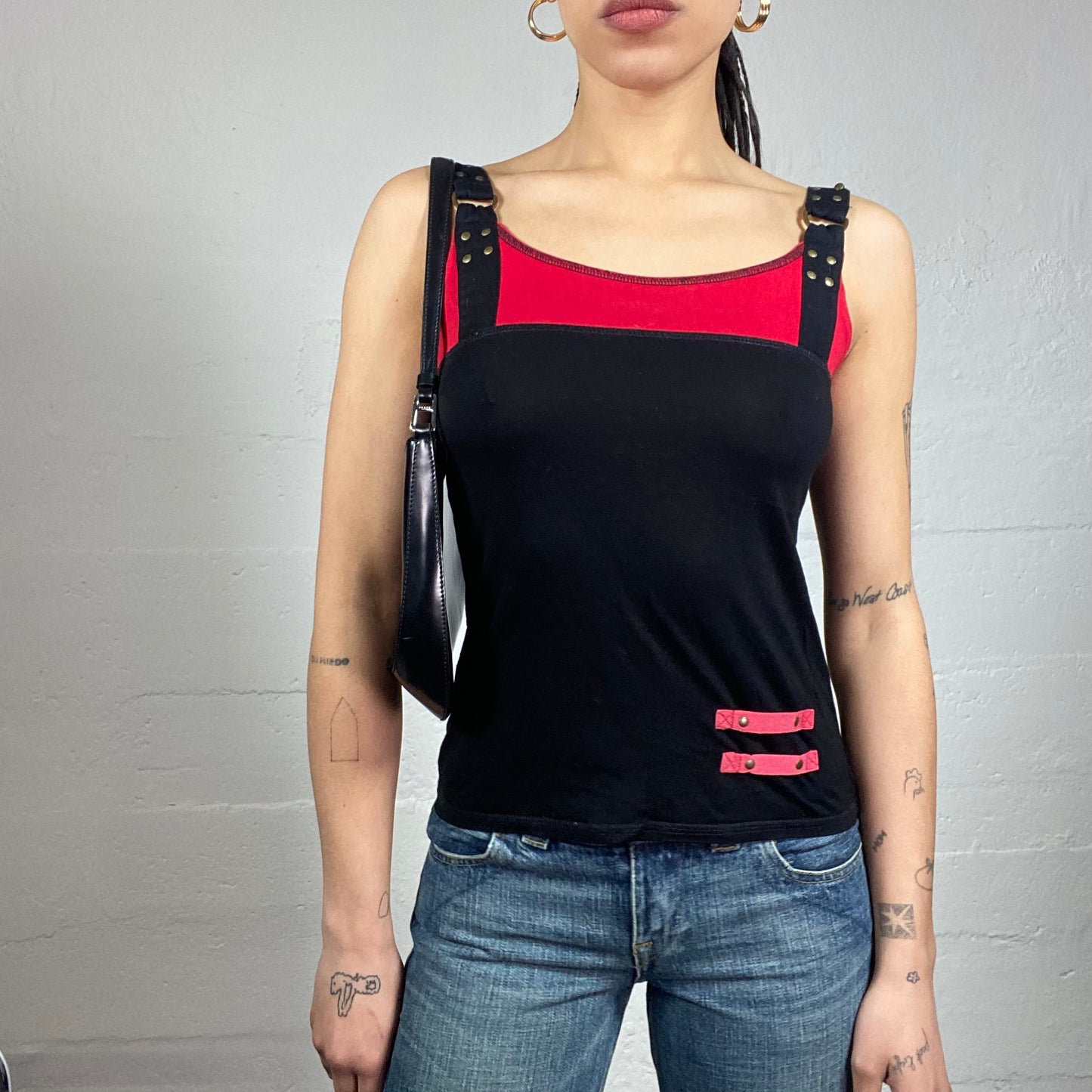 Vintage 2000's Rave Black Layered Top with Red Under Part and Studded Straps Detail (S