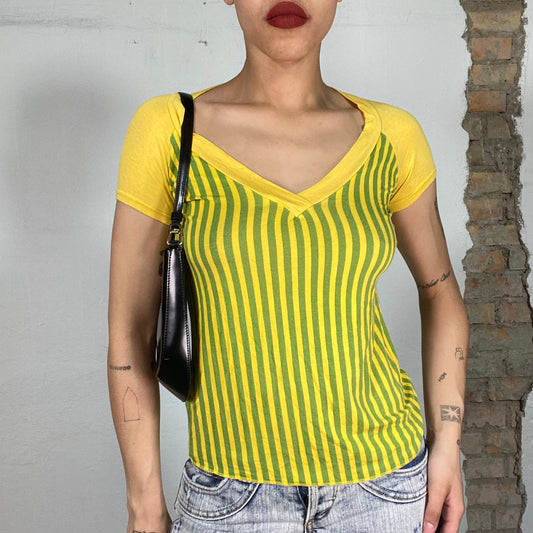 Vintage 2000's Funky Yellow and Green Striped Shirt with Butterfly Back Detail (M)