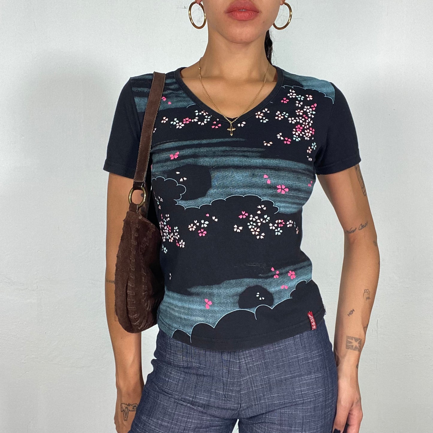 Vintage 90's Miss Sixty Classic Black Top with Blue Clouds and Pink Sakura Print (S)