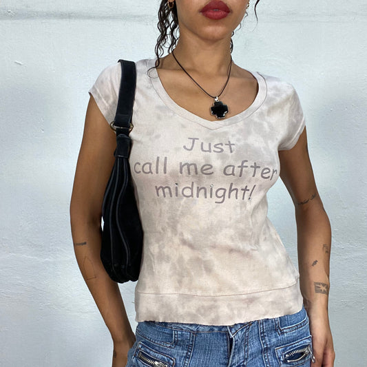 Vintage 2000's Grunge Beige Tie Dye Top with "Just Call Me After Midnight" Print (S)