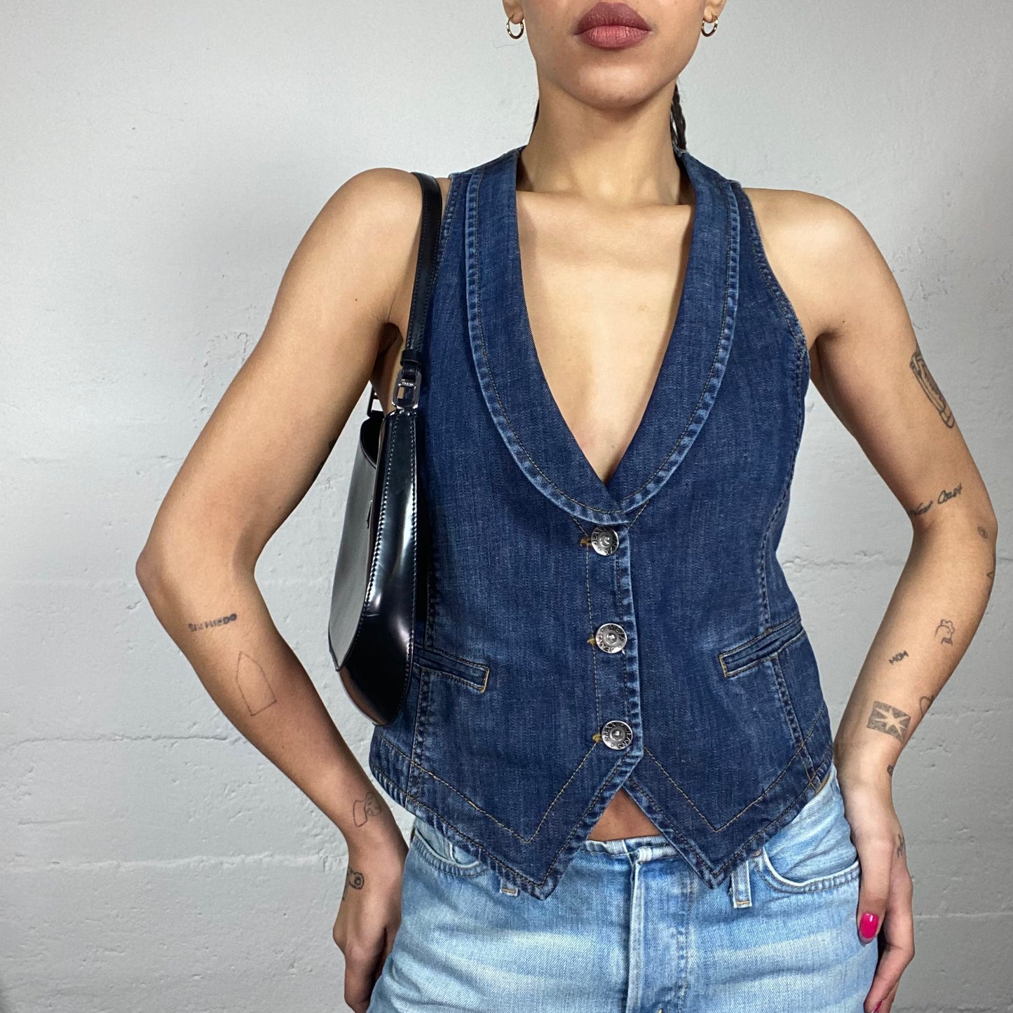 Vintage 90's Downtown Girl Denim Vest Top with Buttons Detail (S)
