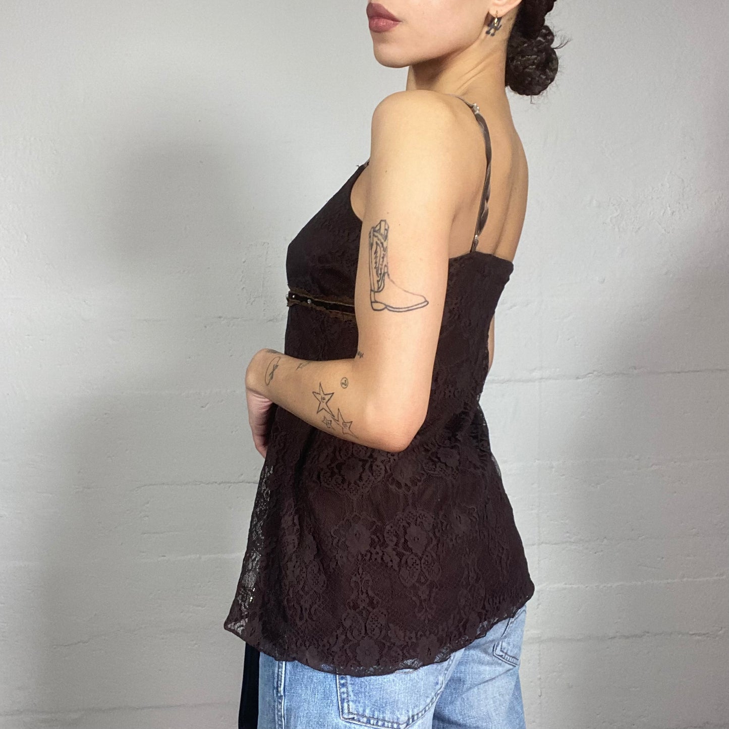 Vintage 90's Boho Brown Top with Lace Covering Material (M)